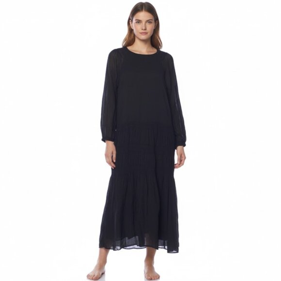 CLOSED Flowing Black Tiered Maxi Dress Crinkle Texture Sheer Long Sleeve XS - Picture 1 of 12